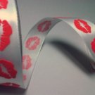 White Satin Red Kisses 15mm x 3.5m Craft Ribbon Reel