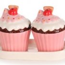 Pretty Pink Icing Wafer Salt Pepper Ceramic Shakers Pots Tray Cafe Kitchen Gift