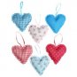 Set 6 Pretty Floral Gingham Spotty Pink Blue Hanging Quilted Hearts Decoration