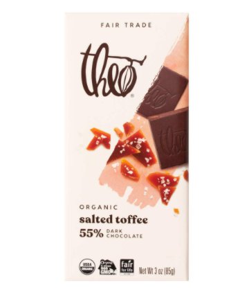 Theo Organic Salted Toffee 55% Dark Chocolate Bar - 85 gram Pack (Pack of 10)