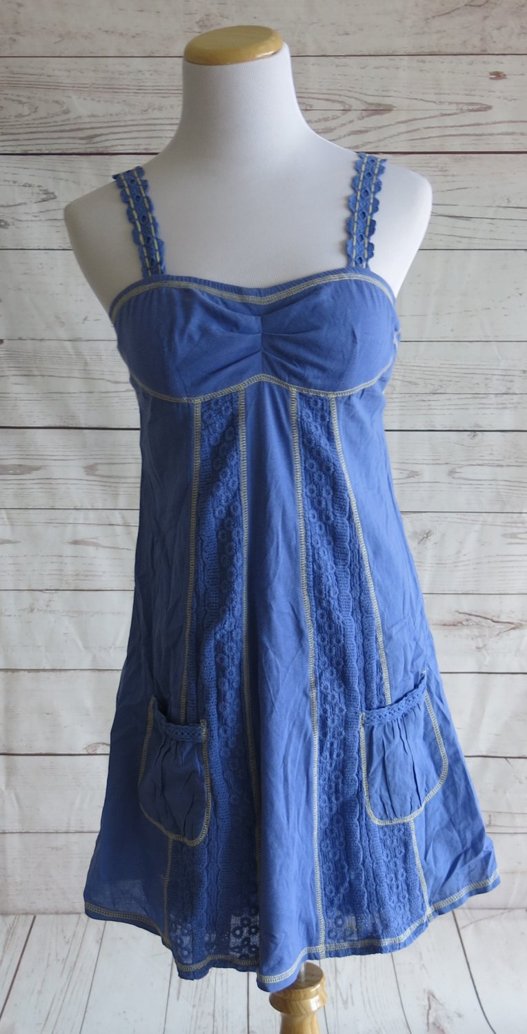 Miss Me Blue Beige Trim Embroidered Lined Sleeveless Summer Dress - Size Small