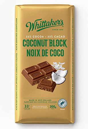 Whittaker's 33% Cocoa Coconut Block Chocolate Bar - 200 gram Pack (Pack of 10)