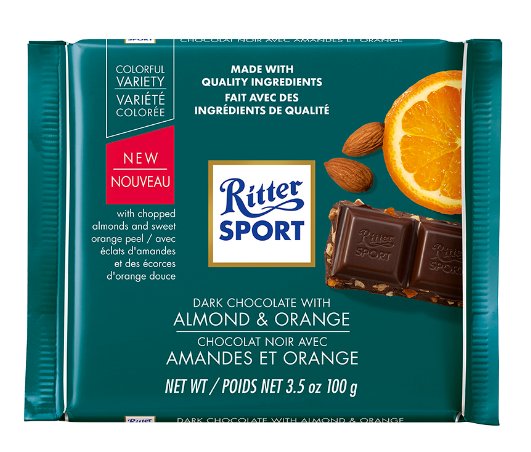 Ritter Sport Dark Chocolate With Almond and Orange Chocolate Bar - 100 gram Pack (Pack of 10)