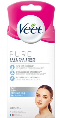 Veet Pure Cold Wax Strips Face Sensitive Skin - 40 Wax Strips & 4 Wipes Pack (Pack of 2)