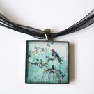 Turquoise Jewellery Bird Cage Resin (glass like) Square Pendant w Black Ribbon necklace