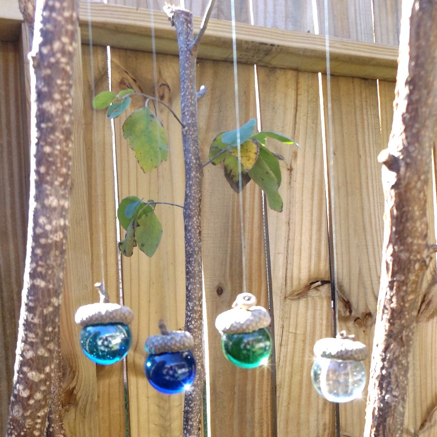 Set of 3 Glass Ornament Suncatchers with Real Acorn Caps