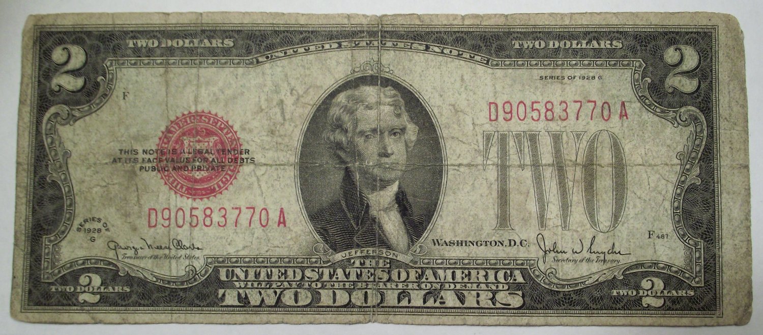 Series of 1928 G 2 Dollar Bill D90583770A