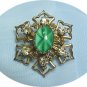 *Vintage Brooch/Pin: Unusual Green "Star" Glass Stone, Sparkling Rhinestones, Goldtoned Mounting