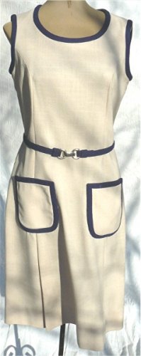 Custom Made Dress from Irene Herbert's Salon in Tulsa: Elegant Beige Linen with Navy Accents