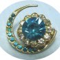 *Very Vintage Coro Brooch Pin:  Goldtoned Crescent and Flower in Turquoise/Clear Rhinestones