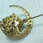 *Very Vintage Coro Brooch Pin:  Goldtoned Crescent and Flower in Turquoise/Clear Rhinestones