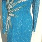 Striking Vint A. J. Bari Beaded/Sequined Dress, Aqua Silk Embroidered in Silver, White, & Turquoise