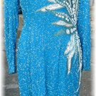 Striking Vint A. J. Bari Beaded/Sequined Dress, Aqua Silk Embroidered in Silver, White, & Turquoise