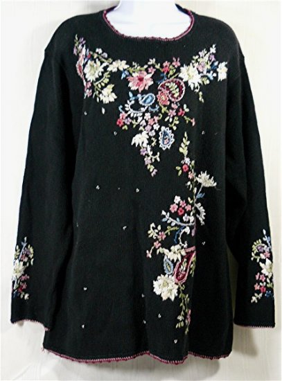Black Newport News Long Sweater: Soft Floral Sprays in Muted Pastels, Sz L, Great Design