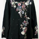 Black Newport News Long Sweater:  Soft Floral Sprays in Muted Pastels, Sz L, Great Design