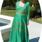 Vintage Vivid Green Lillie Rubin "Collection 700" Dress: Gold Ribbon Trim on Sweeping Skirt