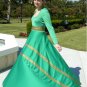 Vintage Vivid Green Lillie Rubin "Collection 700" Dress: Gold Ribbon Trim on Sweeping Skirt