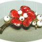 *Vintage Trifari Poured Glass Flower Brooch: 1940's Red Magnolia Flower w/Bead Accents