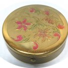 Vintage Round Gold Tone Compact with Dainty Flowers Etched on Top, Black Enamel Accents
