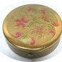Vintage Round Gold Tone Compact with Dainty Flowers Etched on Top, Black Enamel Accents