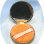 Vintage Round Gold Tone Compact with Dainty Flowers Etched on Top, Black Enamel Accents