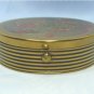 Vintage Round Gold Tone Compact with Dainty Flowers Etched on Top, Black Enamel Accents