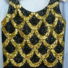Vintage Black Sequined Scoop Necked Top with Striking Gold Sequin Design, Small/Med
