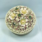 Vintage Florenza Round Ring/Trinket Box:  White w/Brushed Gold Accents, Rhinestones/Pearls