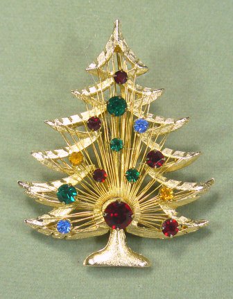 Vintage Brooks Christmas Tree Brooch/Pin: Goldtoned with Bright Multicolor Rhinestones