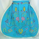 Bright Vintage Turquoise Cotton Apron; Fabulous Colorful Embroidery