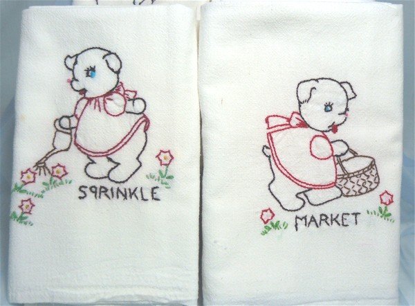 Days, Tasks of the Week Vintage Tea/Cup Towels with a Charming Puppy