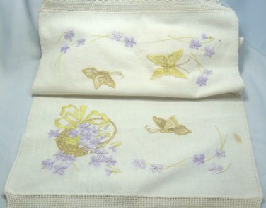 Off-White Dresser Scarf/Runner Done in Delicate Embroidery, Butterflies and Violets