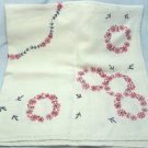 Card Table Sized Vintage Linen Cloth Hand Embroidered Daisies in Cheerful Red/Black