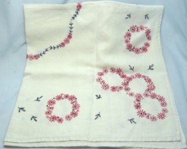Card Table Sized Vintage Linen Cloth Hand Embroidered Daisies in Cheerful Red/Black