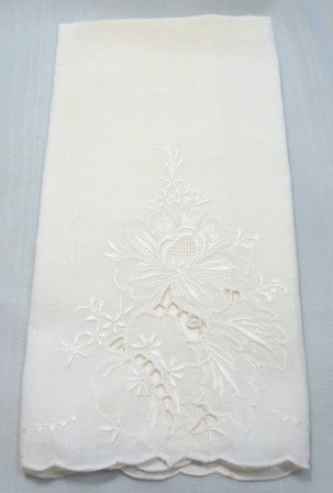 Lovely White Vintage Guest Towel with Self Embroidery and Cutwork Design