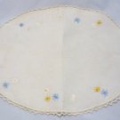 Vintage Oval Linen Table Scarf with Tiny Embroidered Daisies/Dainty Crochet Style Edge