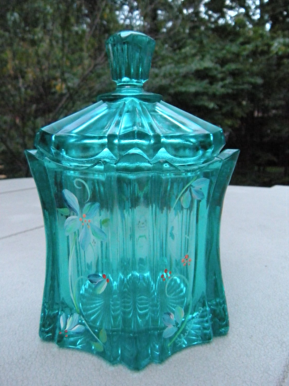 FENTON Glass VULCAN CANDY BOX JAR Robins EGG BLUE Handpainted Signed