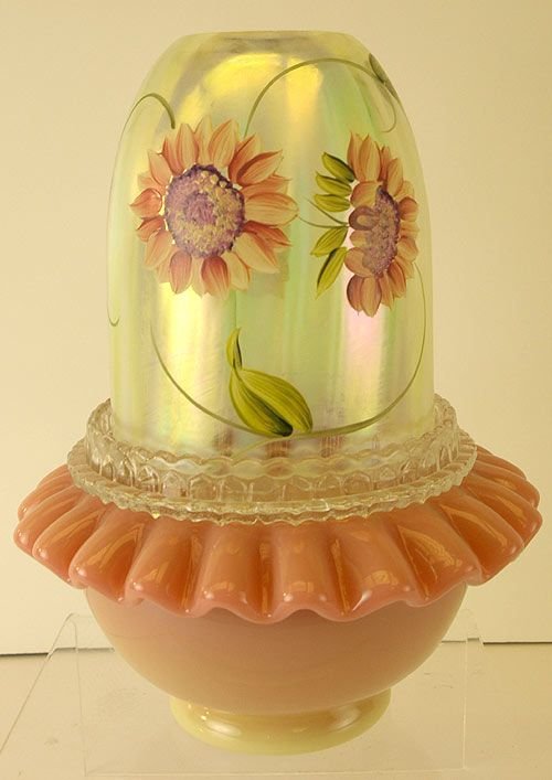 FENTON Art Glass Vaseline Opalescent Stripe 3 pc FAIRY LIGHT LAMP ...