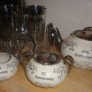 23 kt platnium 25th anniversary tea pot, cream & sugar jars, cups w/cup holders