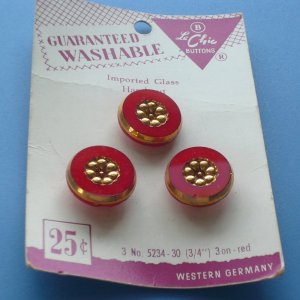 Red & Gold Hand Cut Glass Buttons, 3/4", Western Germany
