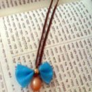 Bow necklace - Turquoize Satin Ribbon Bow And Peach Pearl Necklace