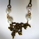 Pearls and brass flowers necklace, antique brass necklace, everyday jewelry