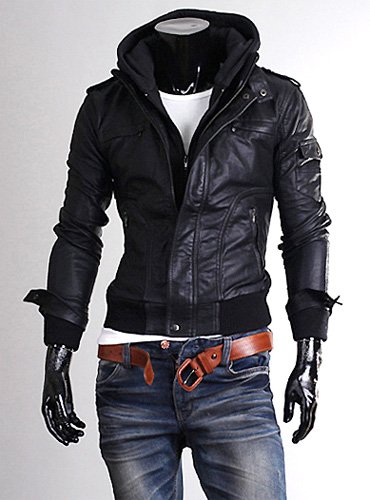 Nyfashioncity Slim fit leather jacket For men with hoodie Black
