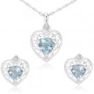 2.5 Carat Blue Topaz Heart Earrings and Pendant Set with Filigree Design