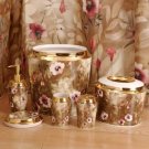 Katchia Gold Brown Rose Pink Floral Complete 7pc Bathroom Set with Shower Curtain