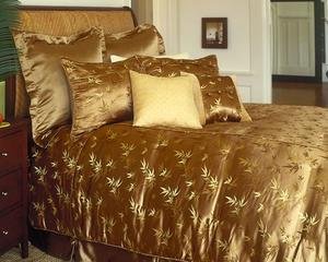 Gold Bamboo Brocade Satin Comforter Shams Bedskirt Set Queen