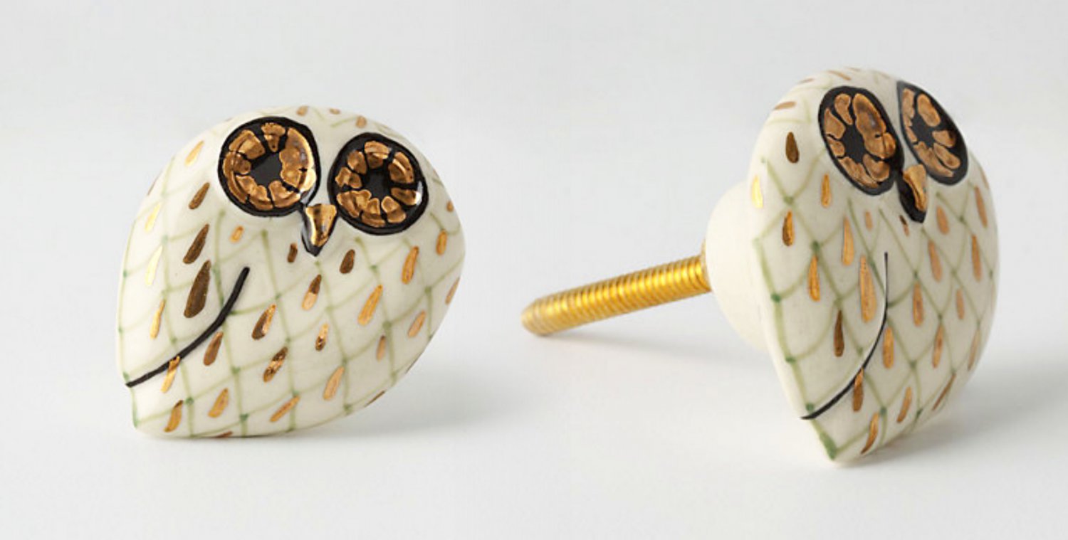 Four Anthropologie Calico Owl Knob Drawer Pull Ceramic & Brass