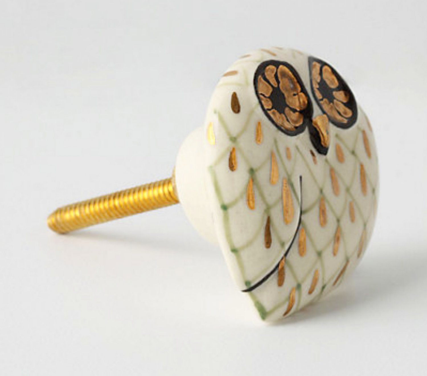 Four Anthropologie Calico Owl Knob Drawer Pull Ceramic & Brass