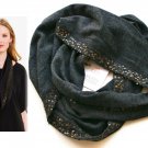 $258 Eileen Fisher Fine Merino Banded Micro Gold Sequins Infinity Scarf Charcoal Grey