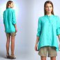 PP Eileen Fisher Mandarin Collar Organic Linen Shirt Petite P Blue Deep Aqua
